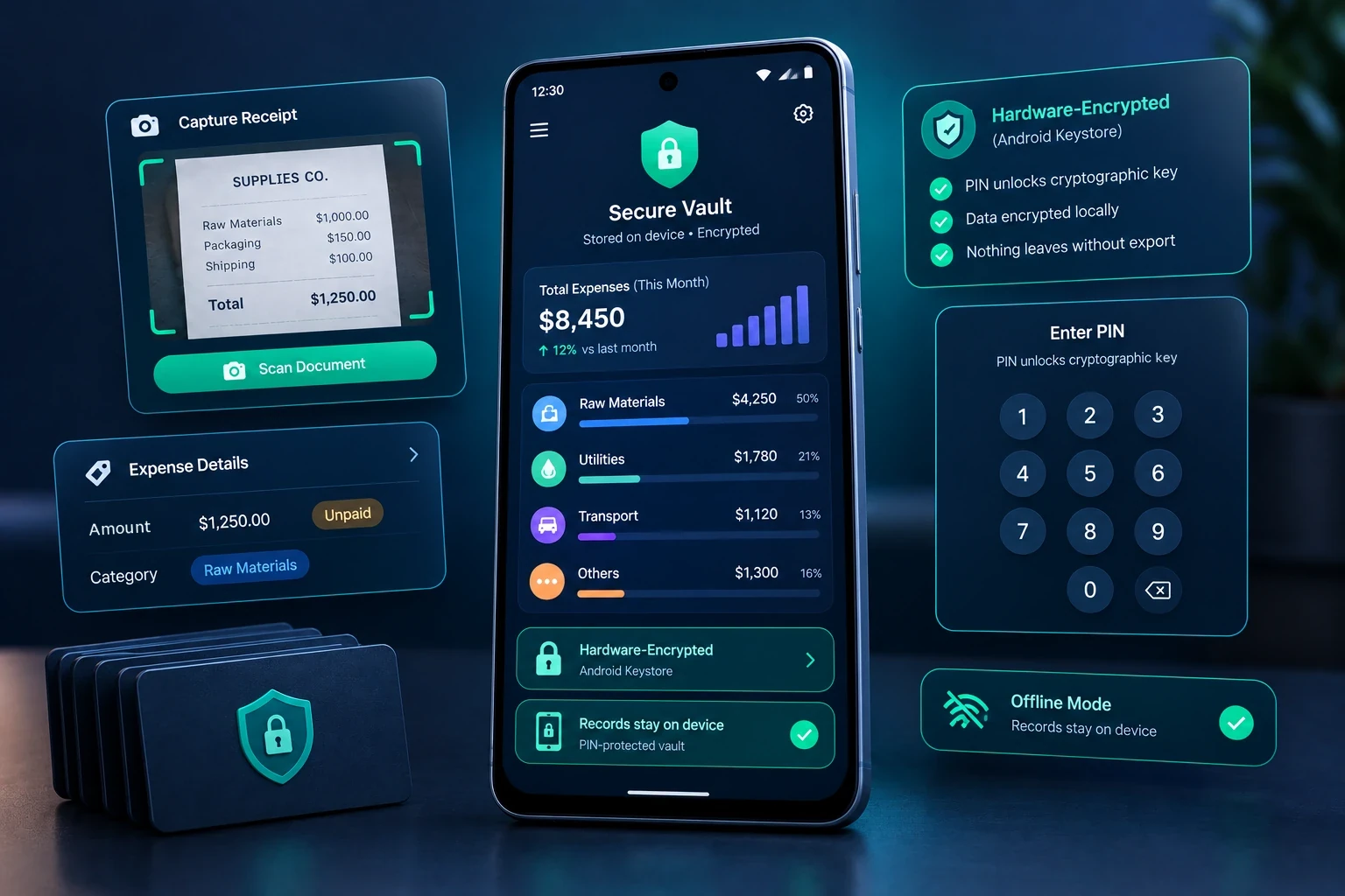 Illustrative render of the finance vault app: a PIN-protected Secure Vault on a phone showing monthly expenses by category, surrounded by cards for receipt capture, expense details, Android Keystore hardware encryption, PIN entry and offline mode